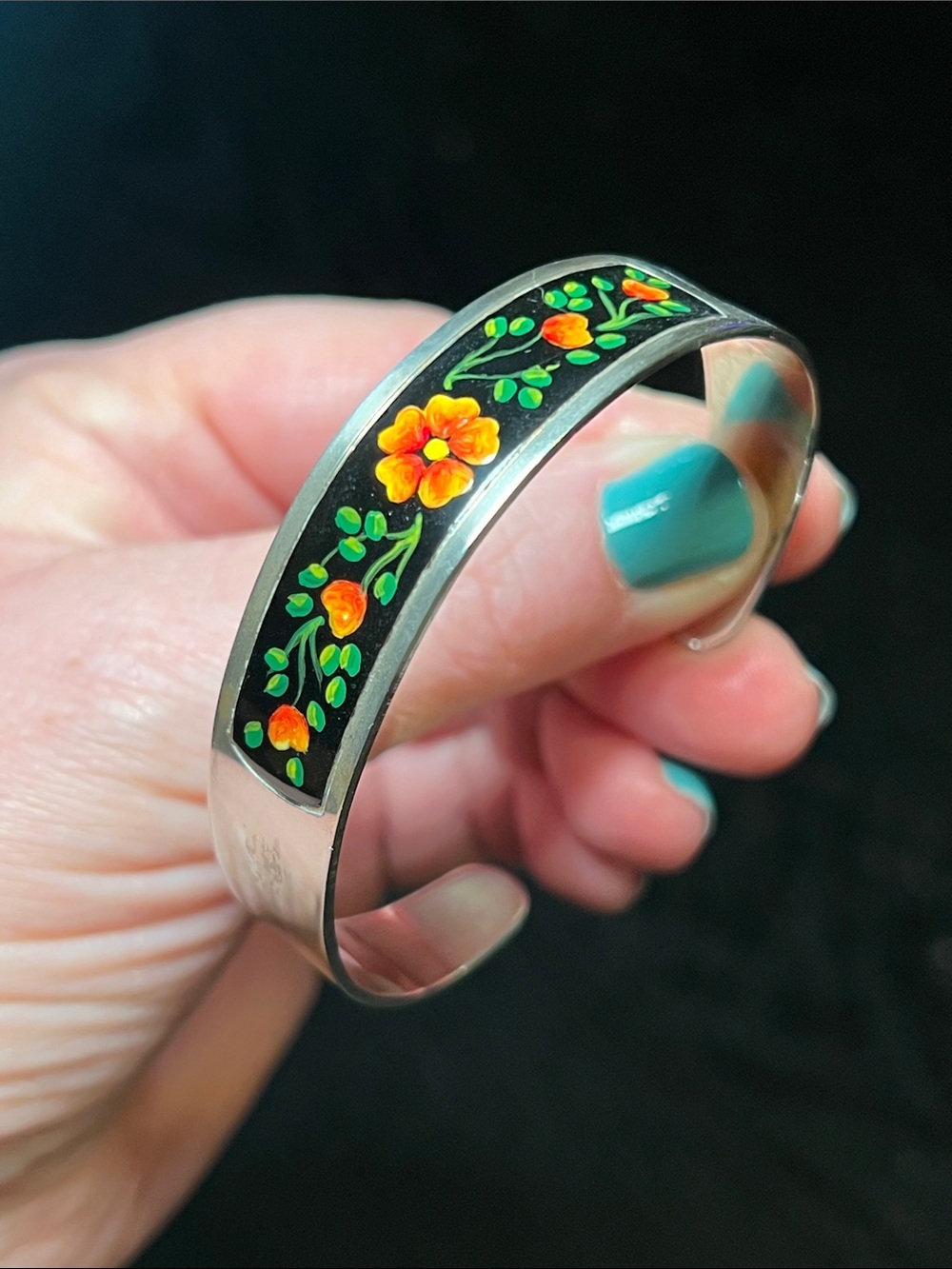 Vintage Antique Handpainted Floral Enamel 800 Silver Cuff Bracelet